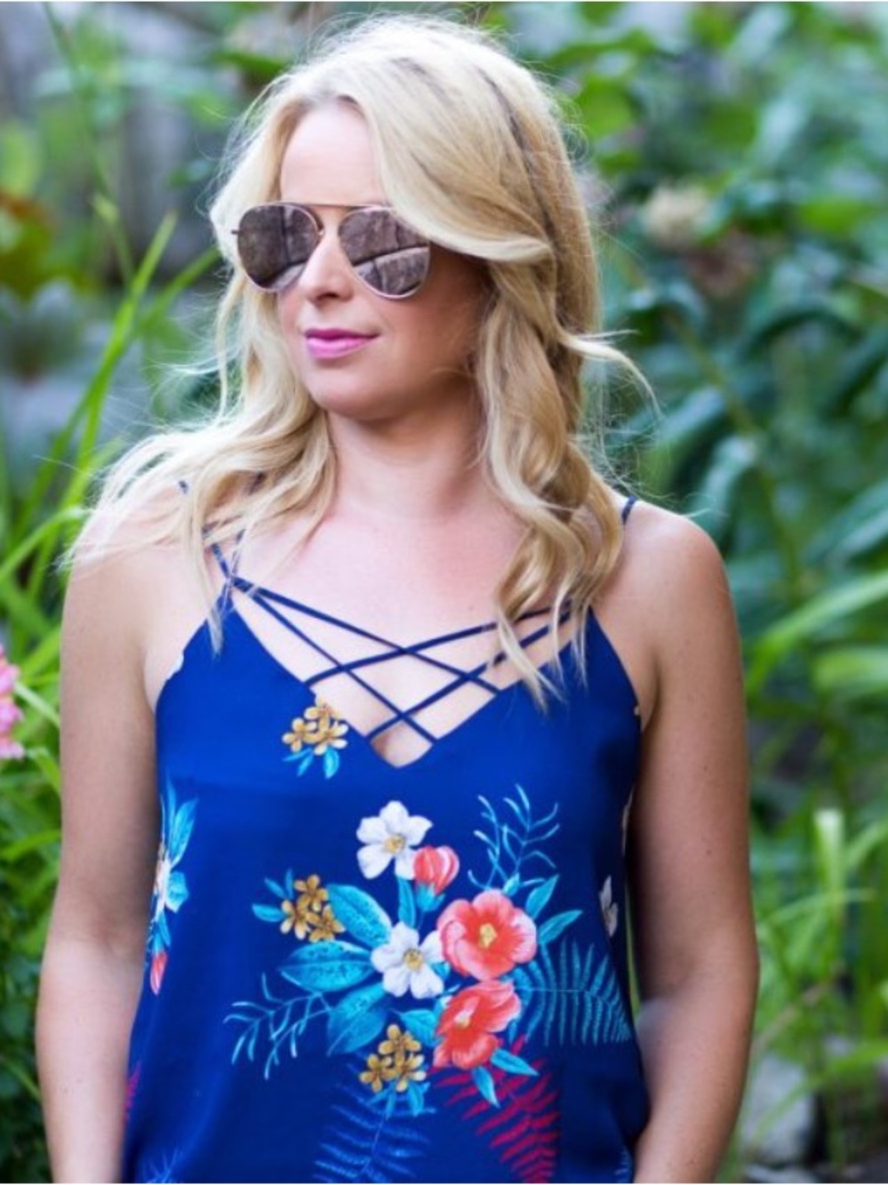 Express Women's Blue Floral Strappy Cami Top Double-lined top/blouse💙 New!